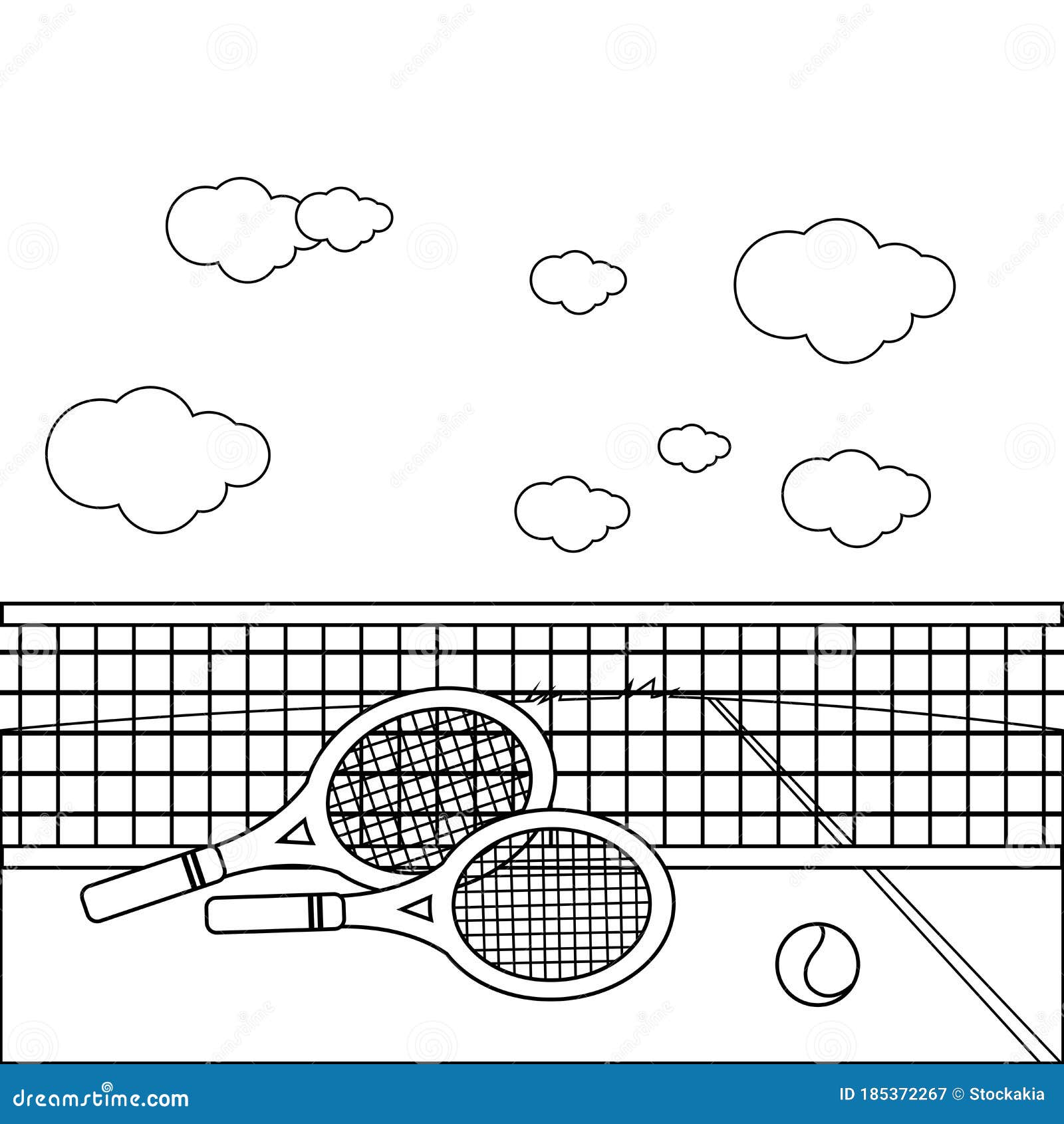 Rackets and tennis ball at tennis court vector black and white coloring page stock vector