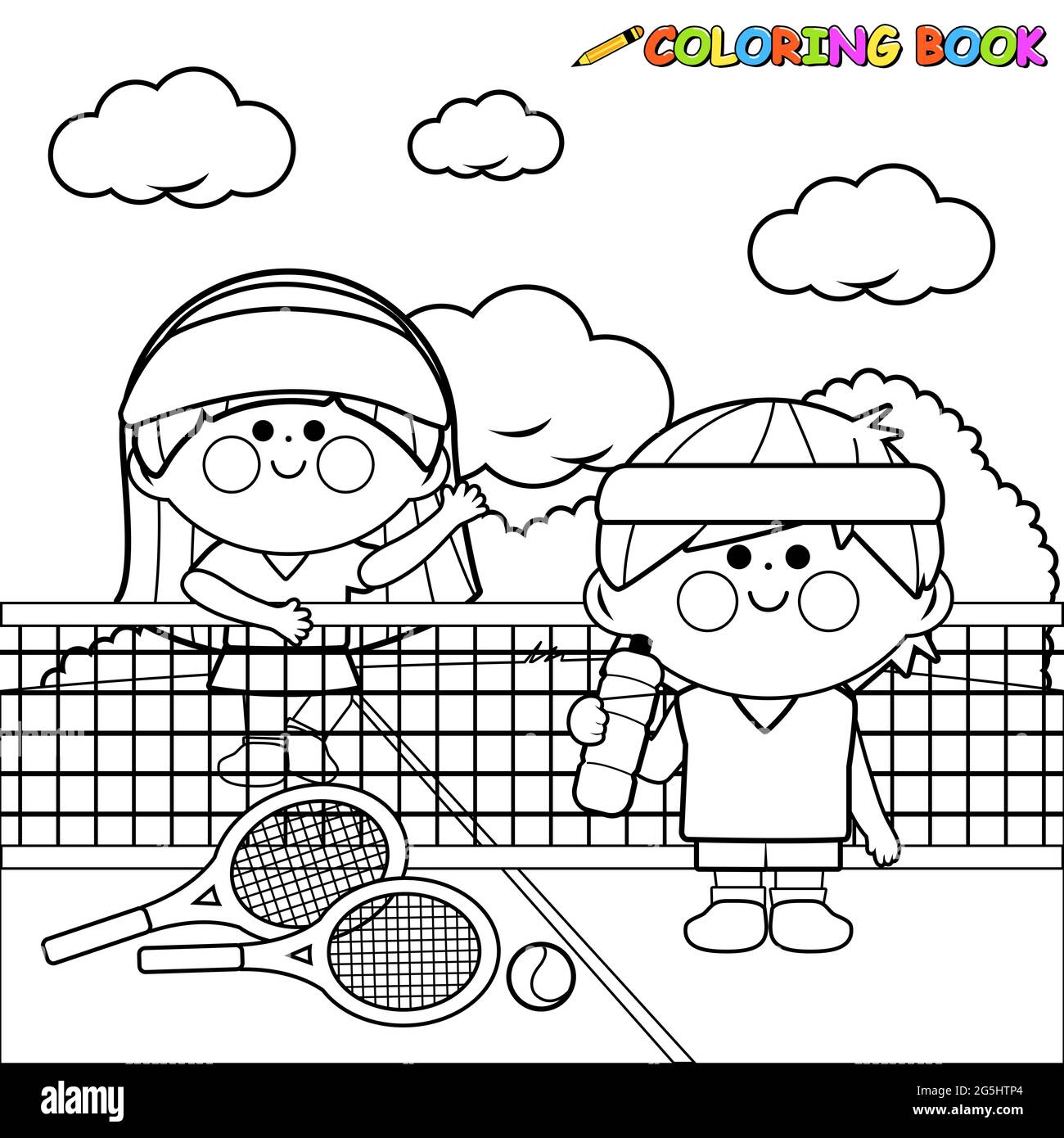 Children tennis players taking a break from the game black and white coloring page stock photo
