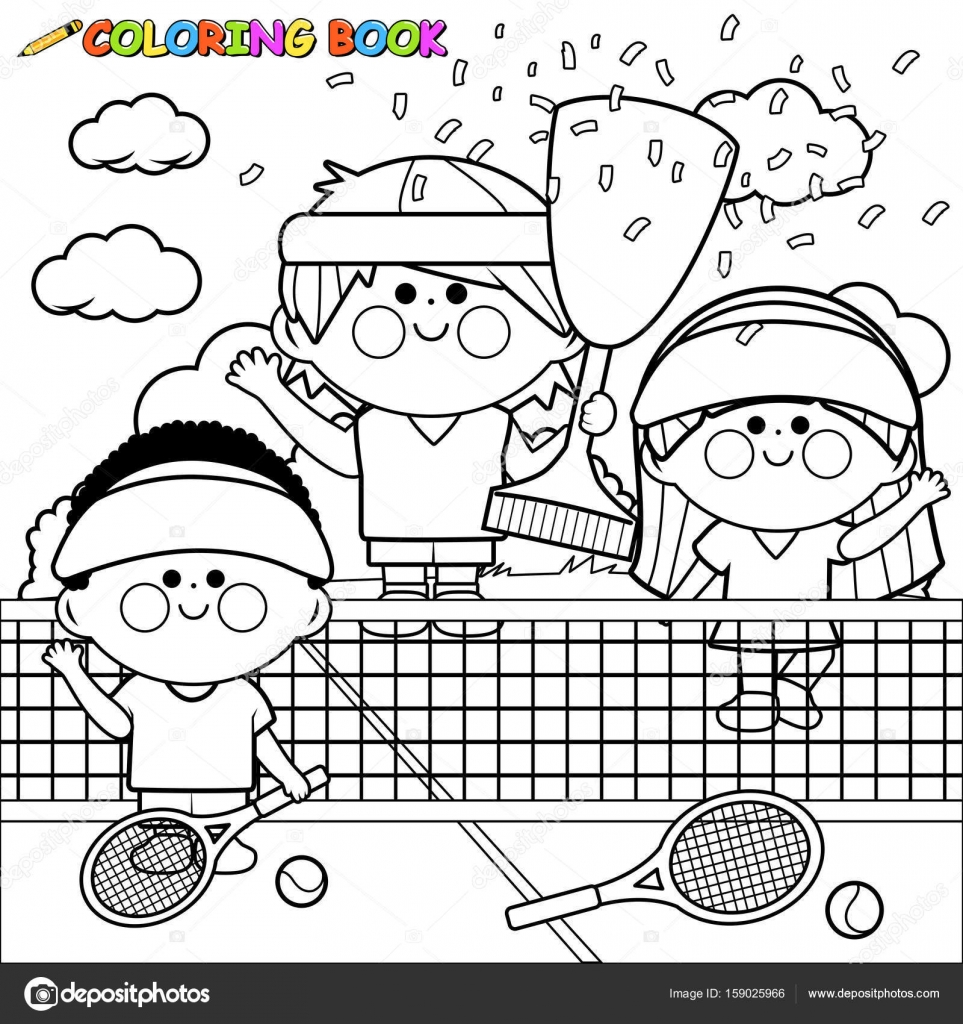 Champion kids tennis players at tennis court holding trophy coloring book page stock vector by stockakia