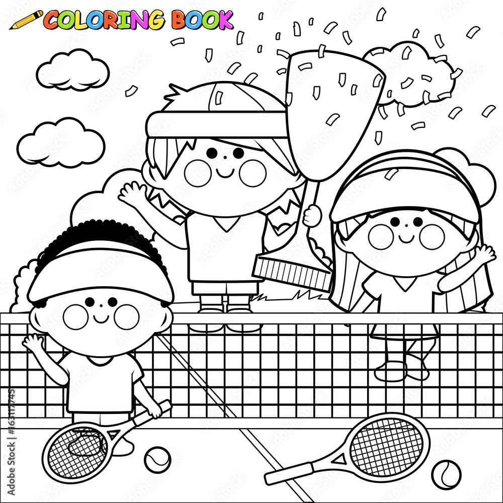 Children tennis players at the tennis court holding a trophy vector black and white coloring page vector