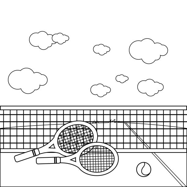 Rackets and tennis ball at tennis court vector black and white coloring book page stock illustration