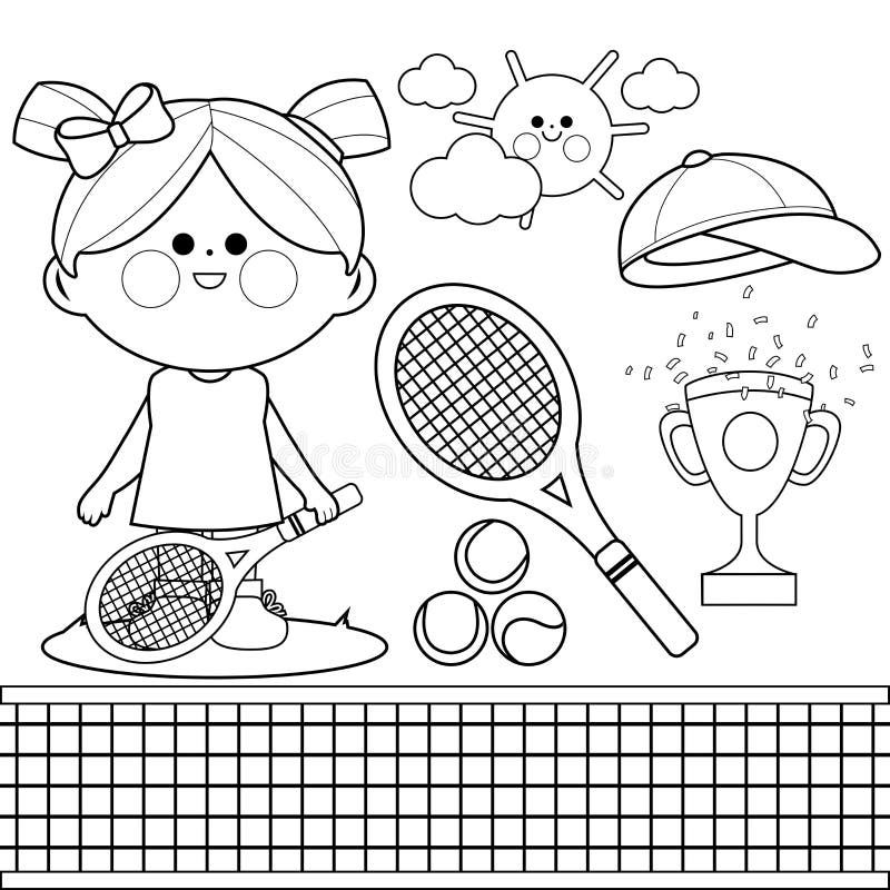 Tennis player girl vector black and white coloring page stock vector