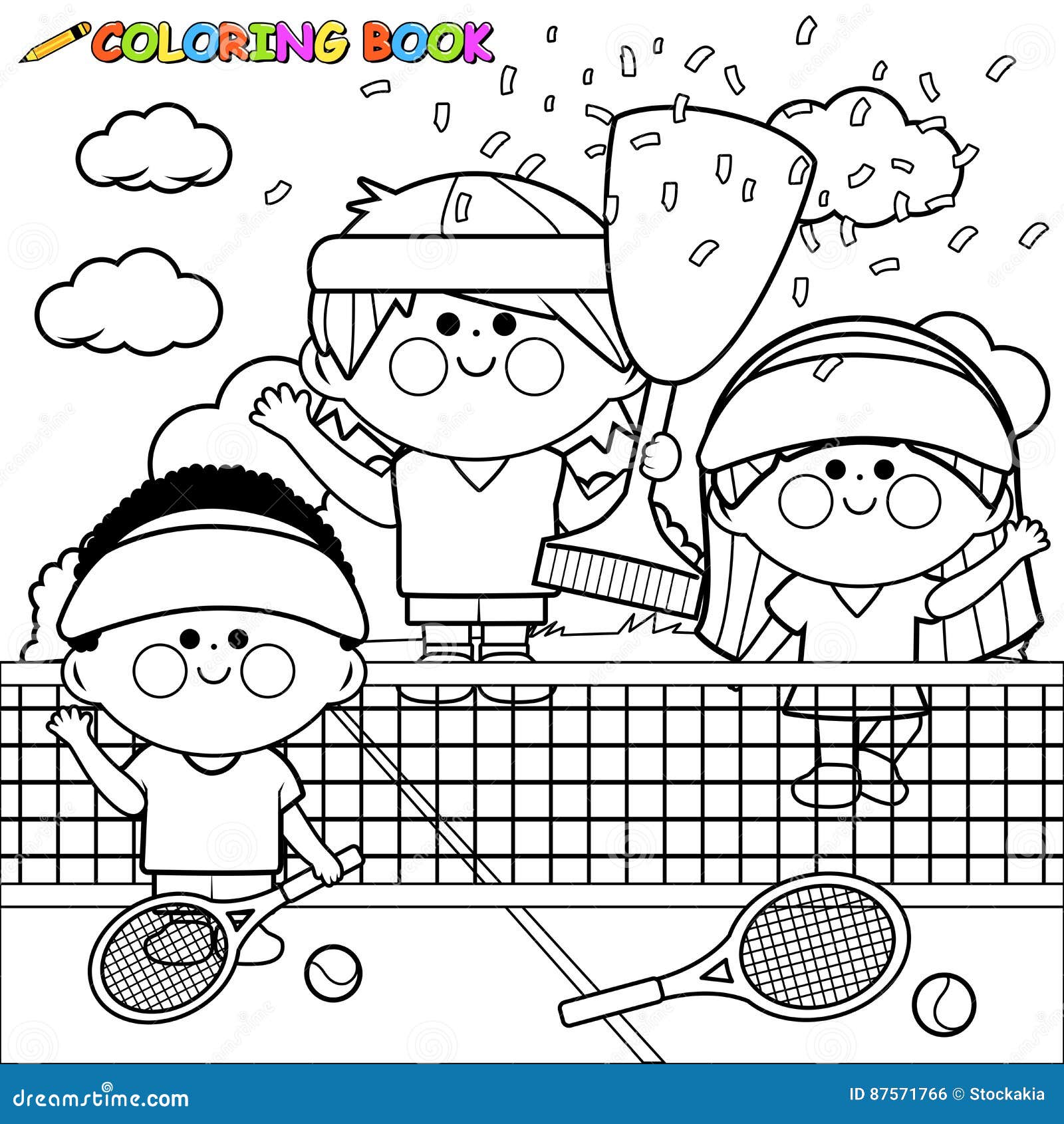 Children tennis players holding a trophy vector black and white coloring page stock vector