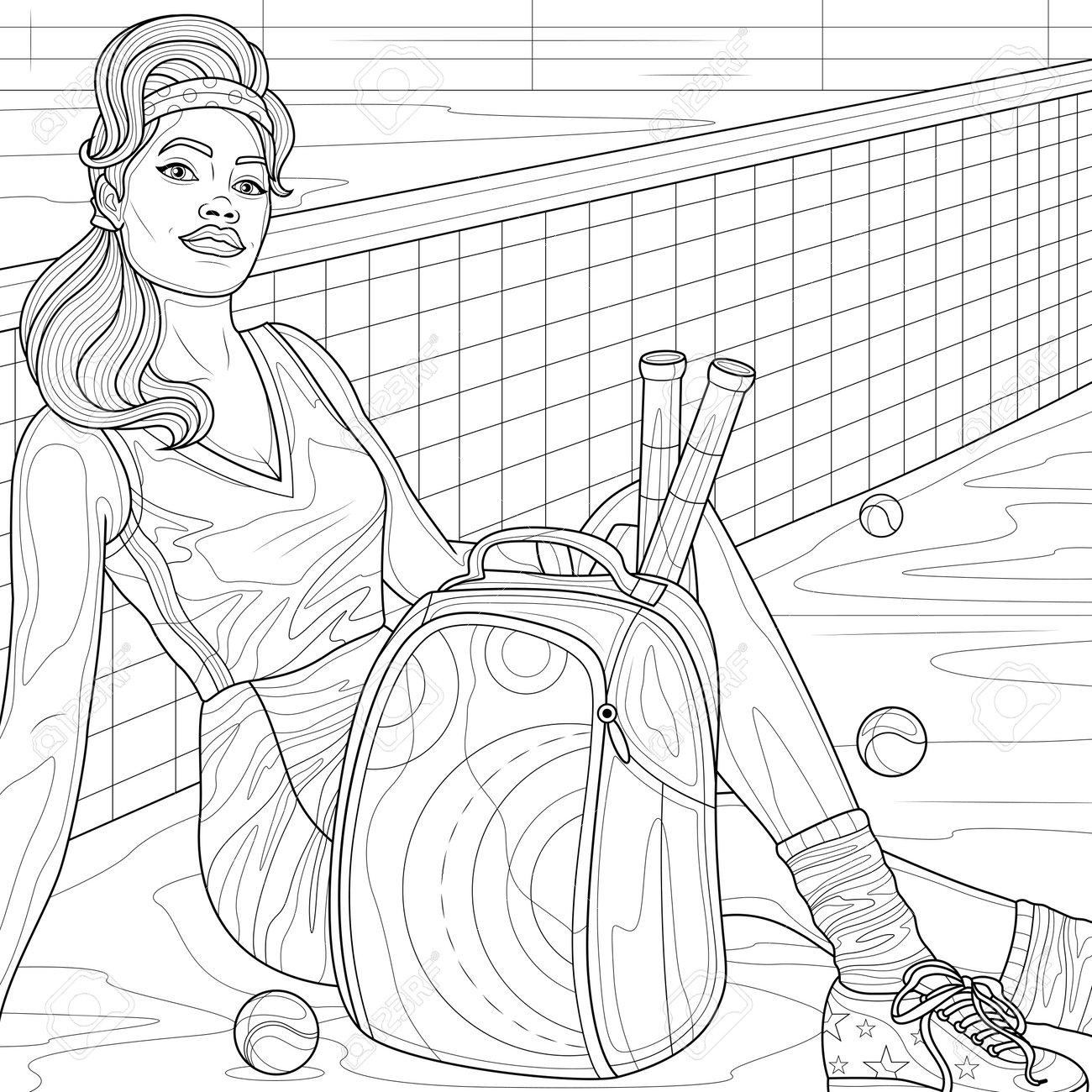 Girl tennis player near the courtcoloring book antistress for children and adults illustration isolated on white backgroundzen