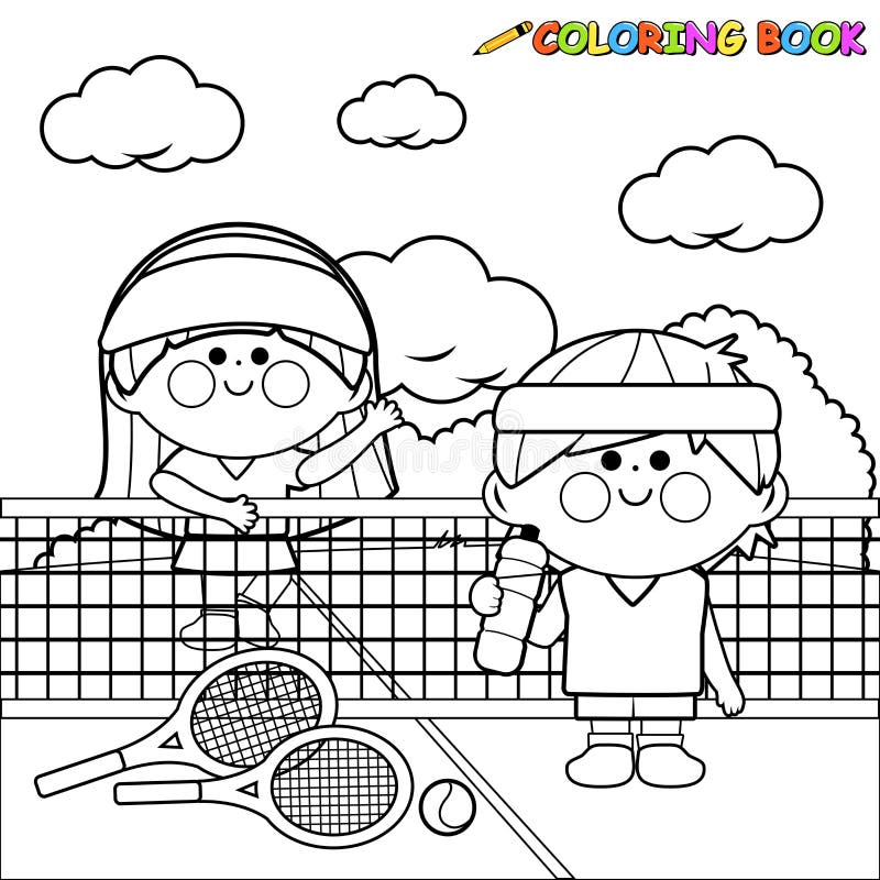 Children tennis players taking a break from the game vector black and white coloring page stock vector