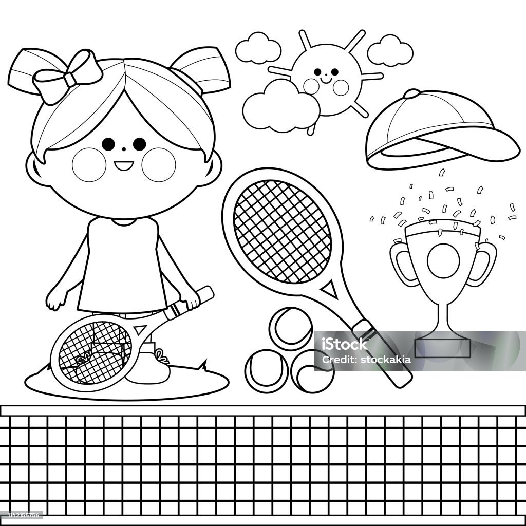 Tennis player girl vector black and white coloring book page stock illustration