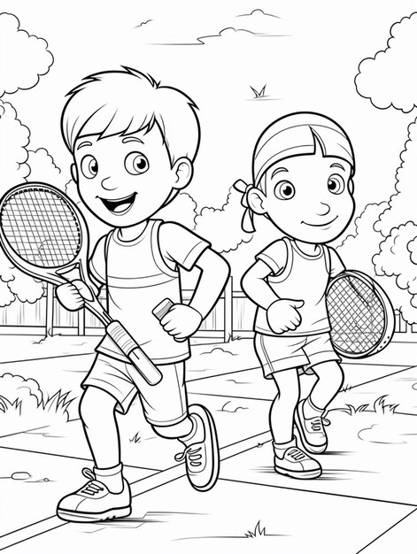 Premium ai image a coloring page of two boys playing tennis on a court generative ai