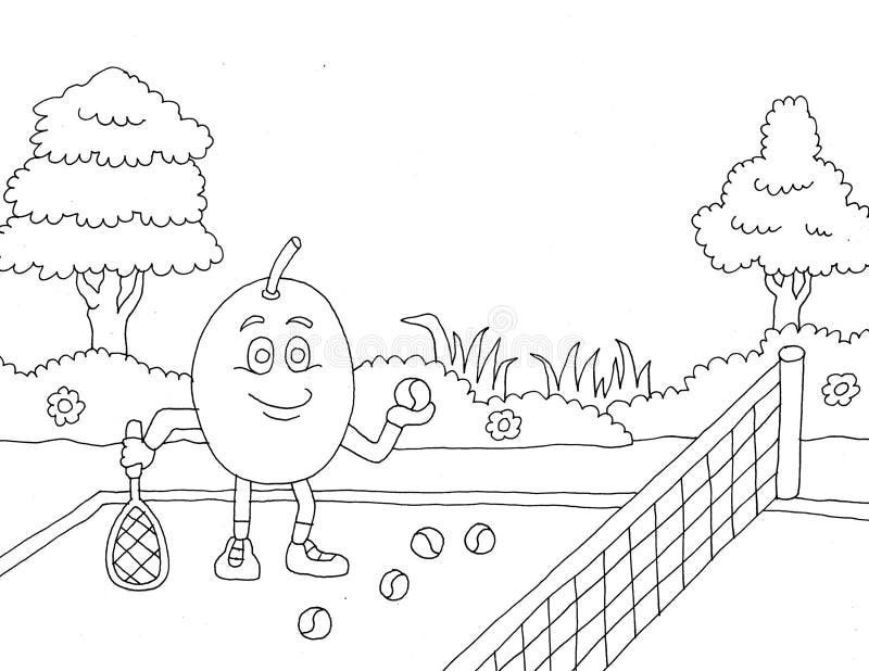 Coloring page illustration of kiwi fruit characters playing tennis on the tennis court stock illustration
