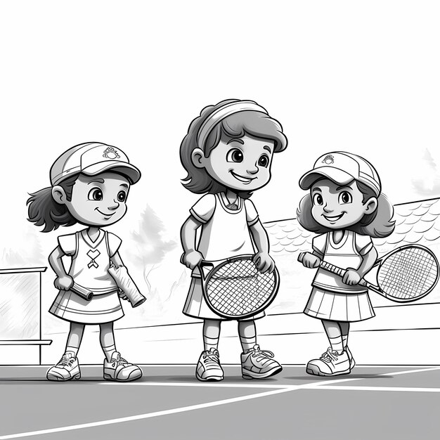 Premium ai image coloring page for children children playing tennis on a tennis court occer