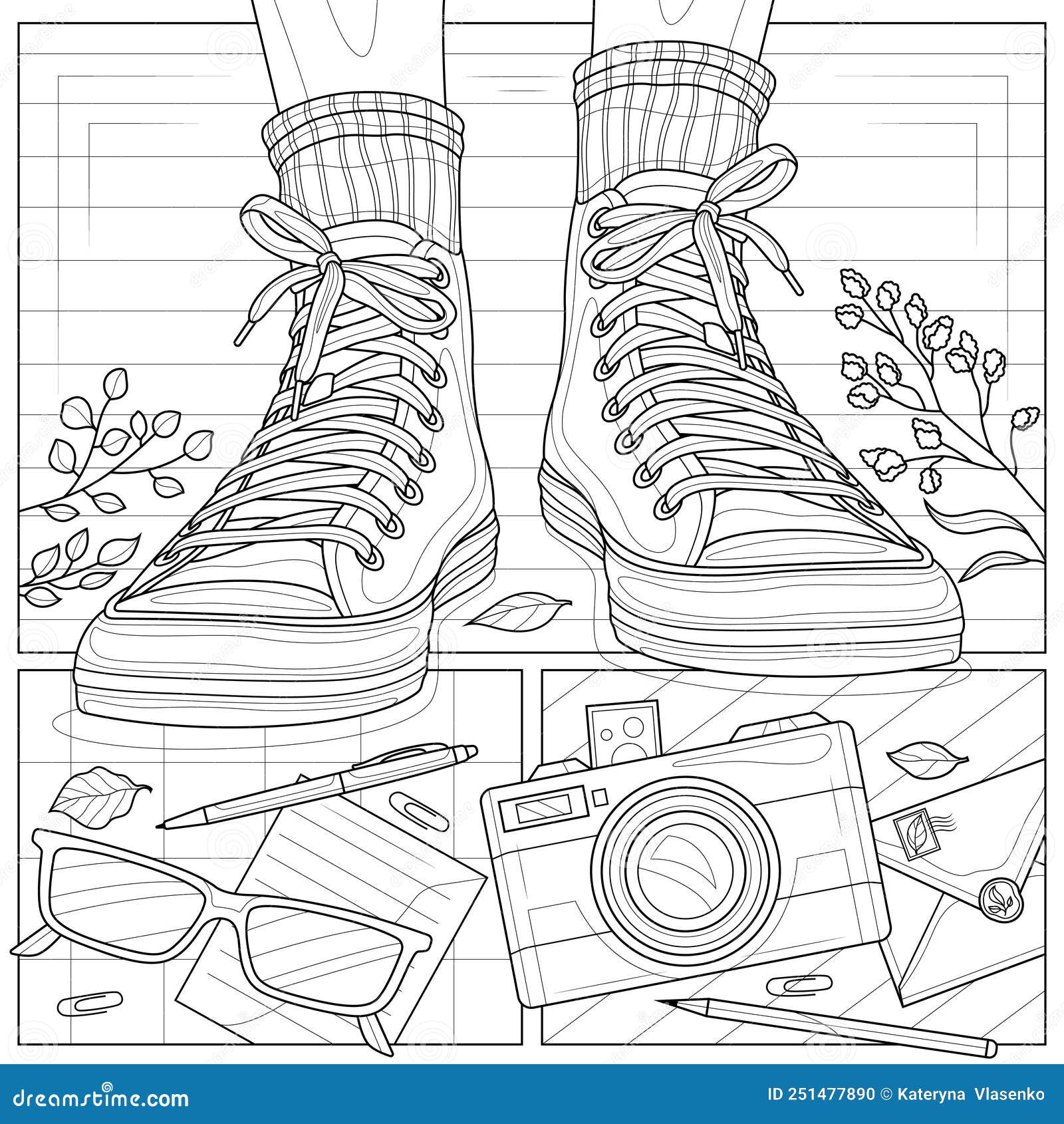 Sneakers on feet camera and glassesflat laycoloring book antistress for children and adults stock vector