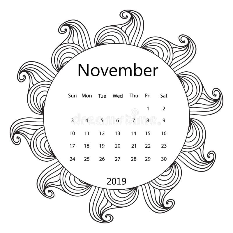 Adult coloring page with monthly calendar of year isolated on white background drawing doodles frame stock illustration