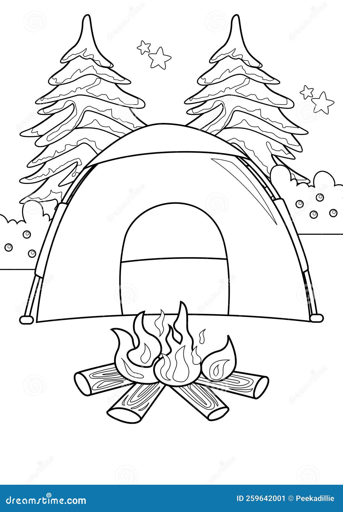 Camping tent outdoor activity coloring pages a for kids and adult stock illustration