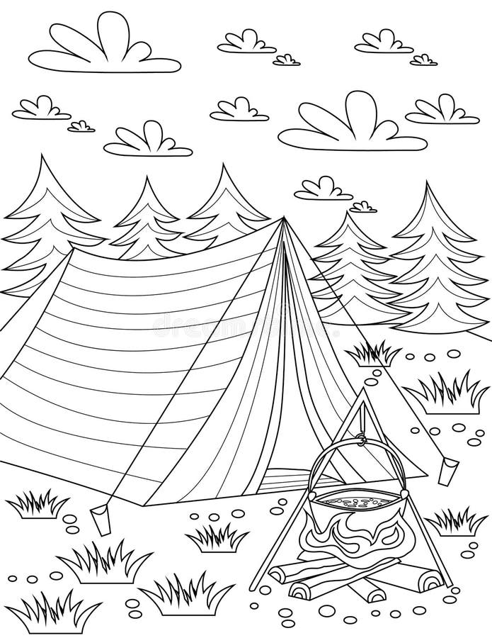 Coloring book page with tent placed in nature with opened fire and trees and clouds in backgroind sheet to be colored stock illustration