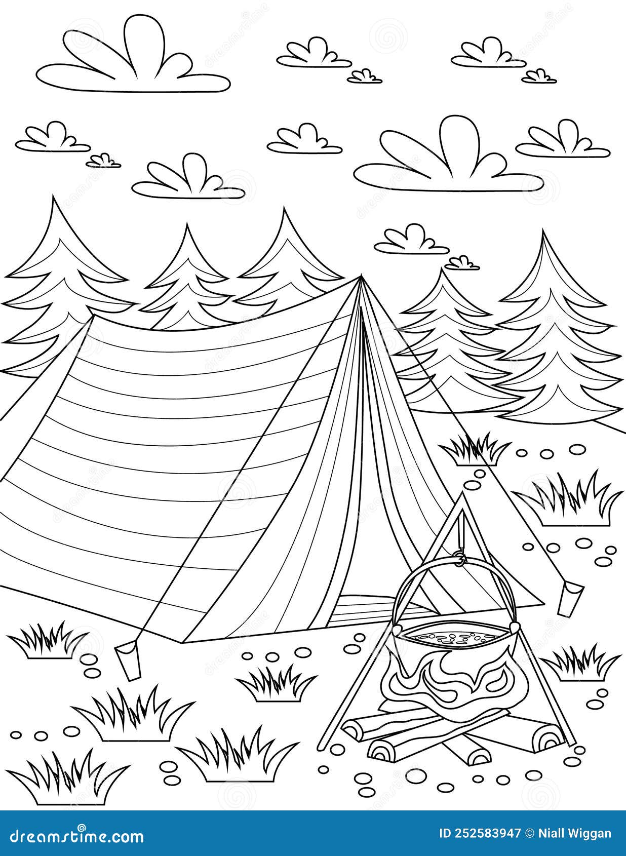 Coloring book page with tent placed in nature with opened fire and trees and clouds in backgroind sheet to be colored stock illustration