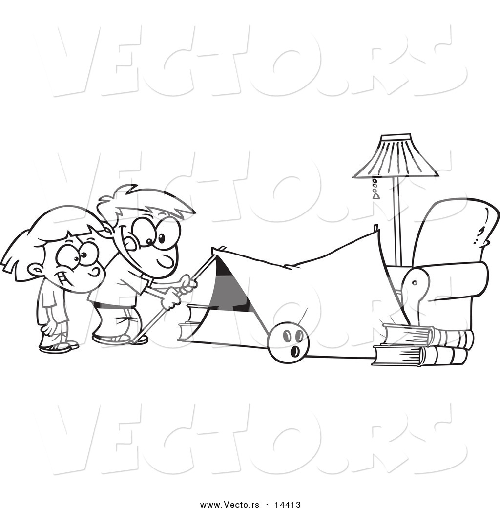 R of a cartoon kids setting up a camping tent in a living room