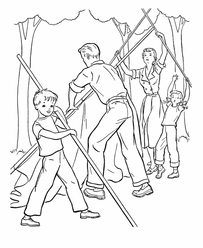 Bluebonkers free printable family camping coloring sheets setting up the family tent