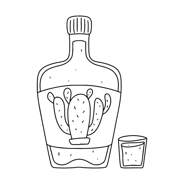 Premium vector tequila in bottle in hand drawn doodle style mexican traditional drink vector illustration