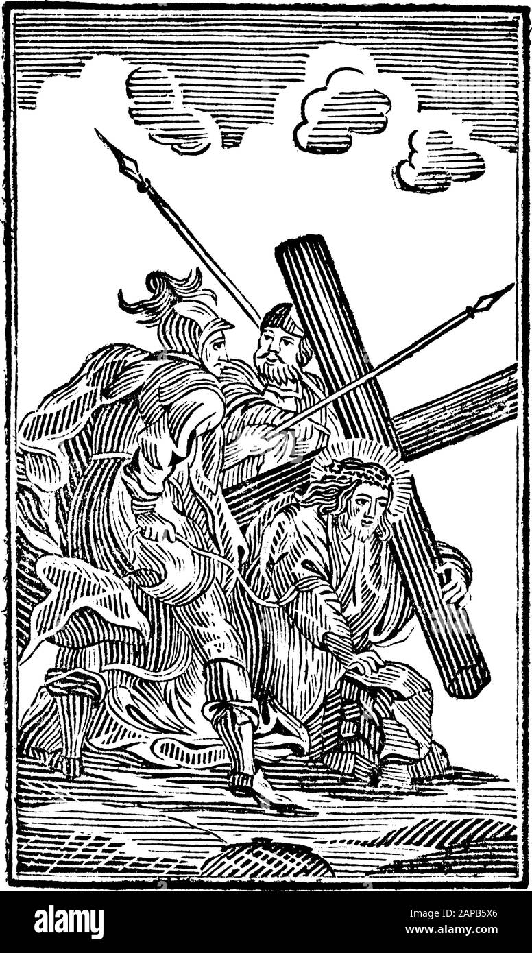 Antiguo clãsico religioso bãblico grabado o dibujo de la ª o tercera taciãn de la cruz o camino de la cruz o via crucis jãºs cae por primera vezbiblenuevo ttamentomittlerer himmelsschlussel neuhaus