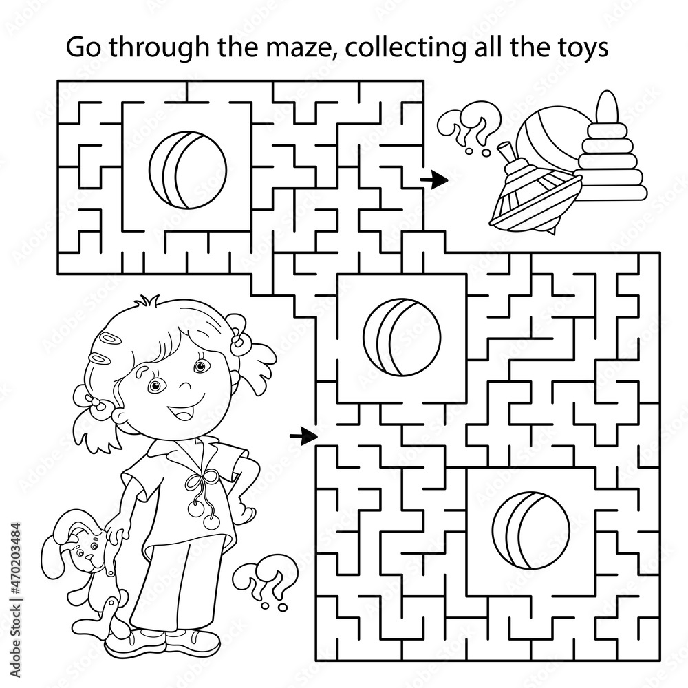 Maze or labyrinth game puzzle coloring page outline of cartoon girl with toys coloring book for kids vector