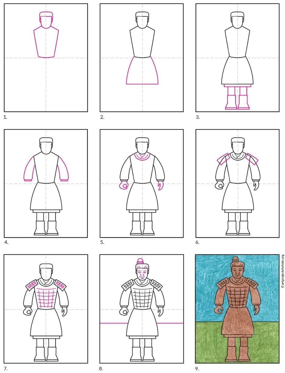 Easy how to draw a terracotta warrior and warrior coloring page