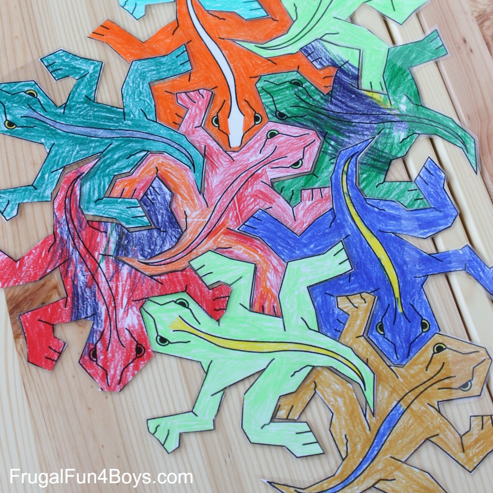 Print and color tessellation puzzles for kids