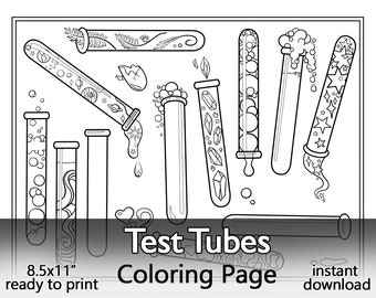 Test tubes coloring page printable digital file mad scientist lab illustration color your own science equipment bubble heart stone star