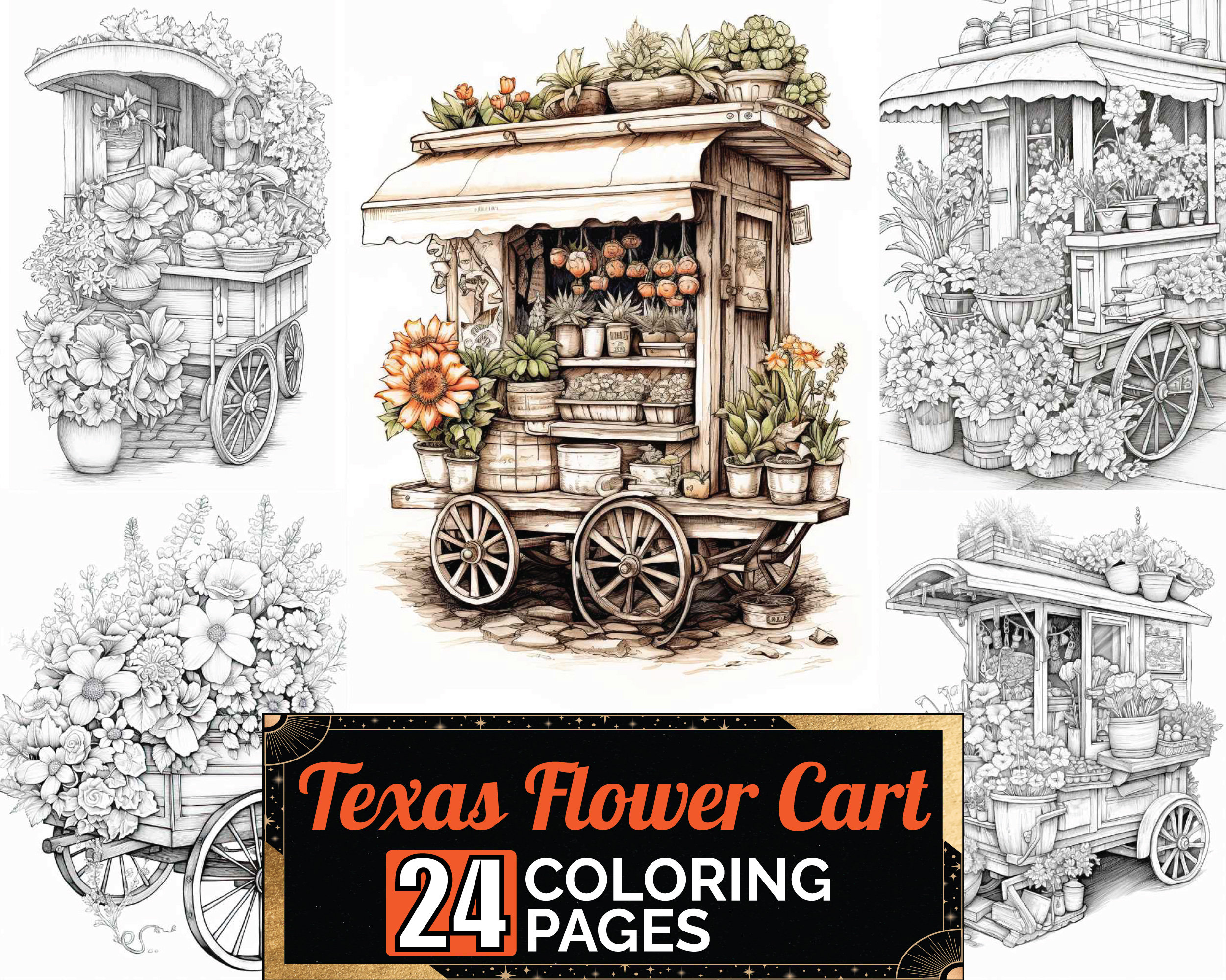 Texas flower cart coloring book detail greyscale adult