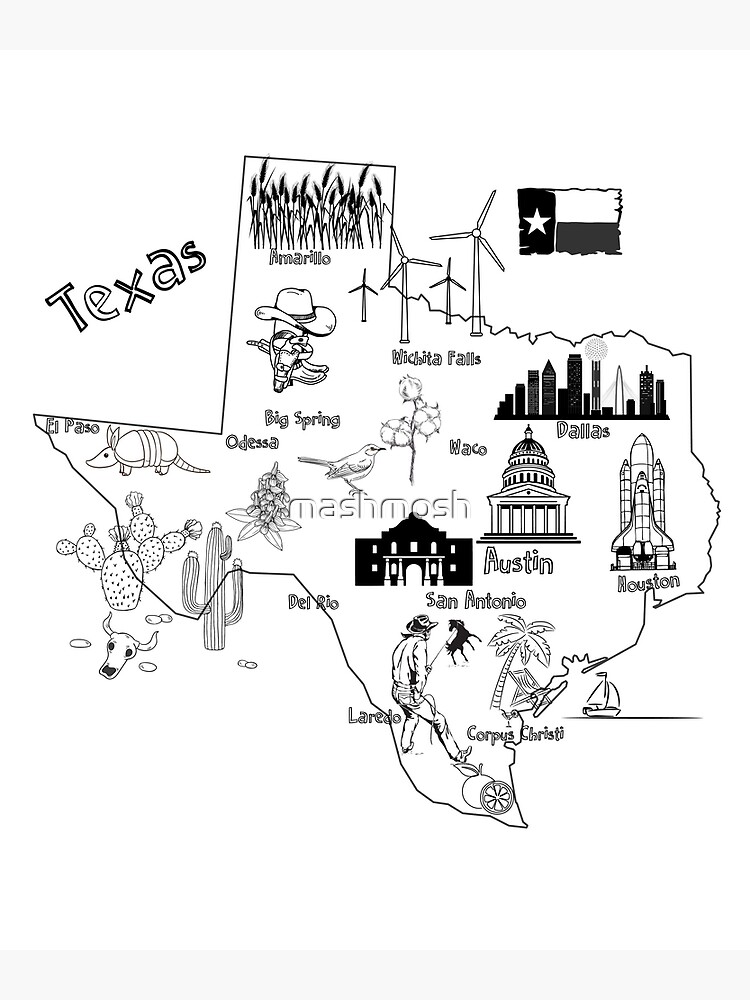 Texas tourist map with landmarks and famous symbolsusa united states poster for sale by mashmosh