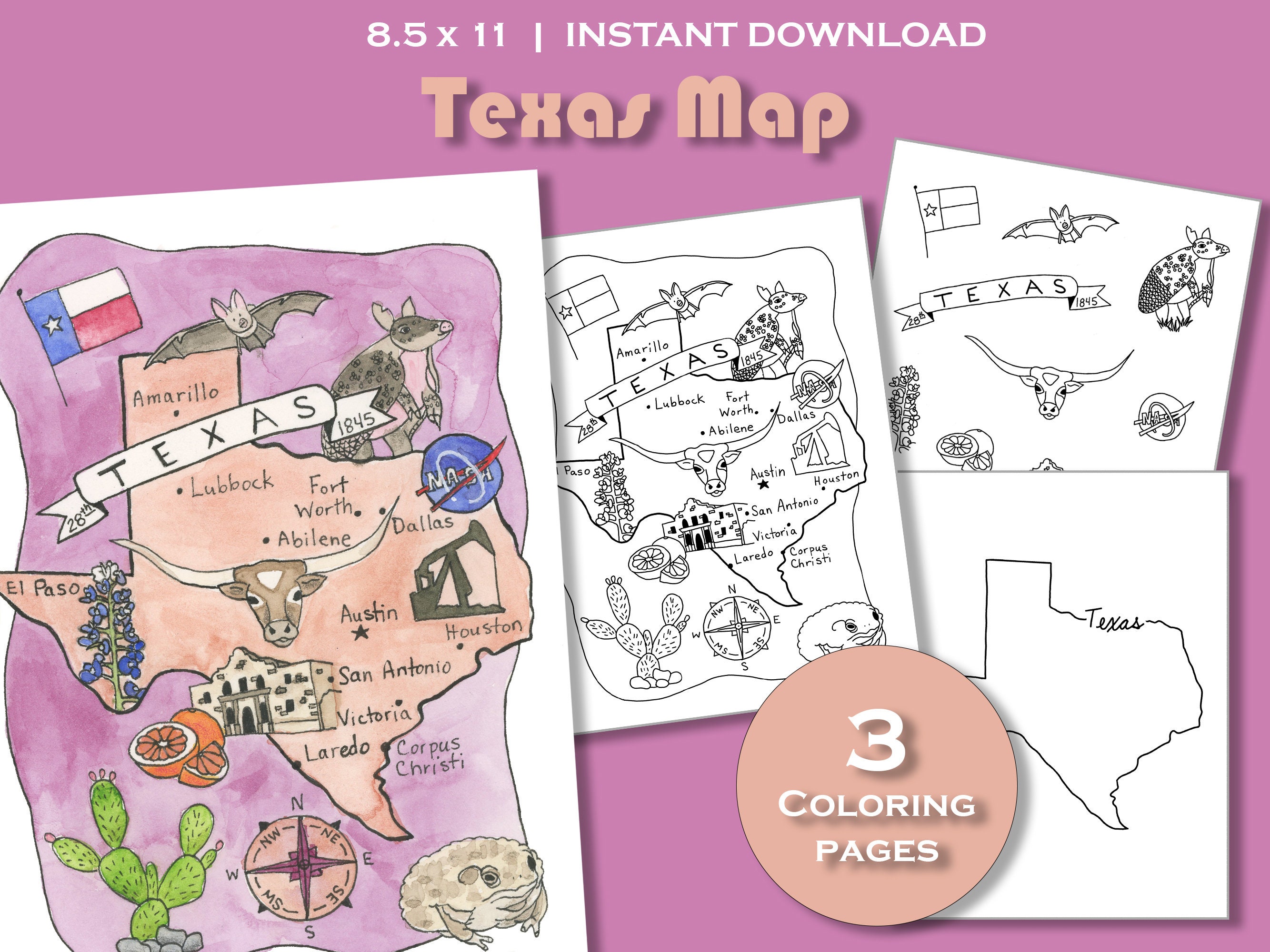 Texas coloring page texas state map texas printable packet texas state symbols texas travel poster print