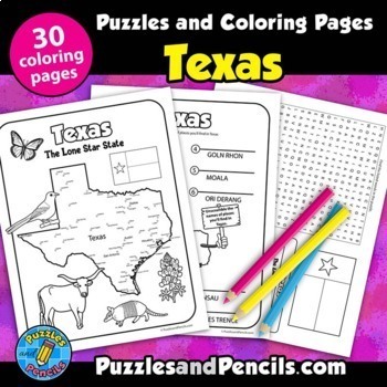 Texas state symbols activity coloring pages word search puzzle bundle
