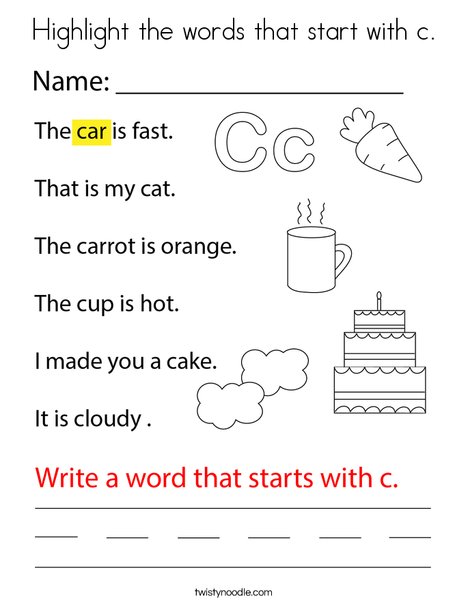 Highlight the words that start with c coloring page