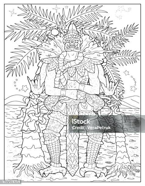 Coloring page illustration with thailand demons and mythology creatures against nature background stock illustration