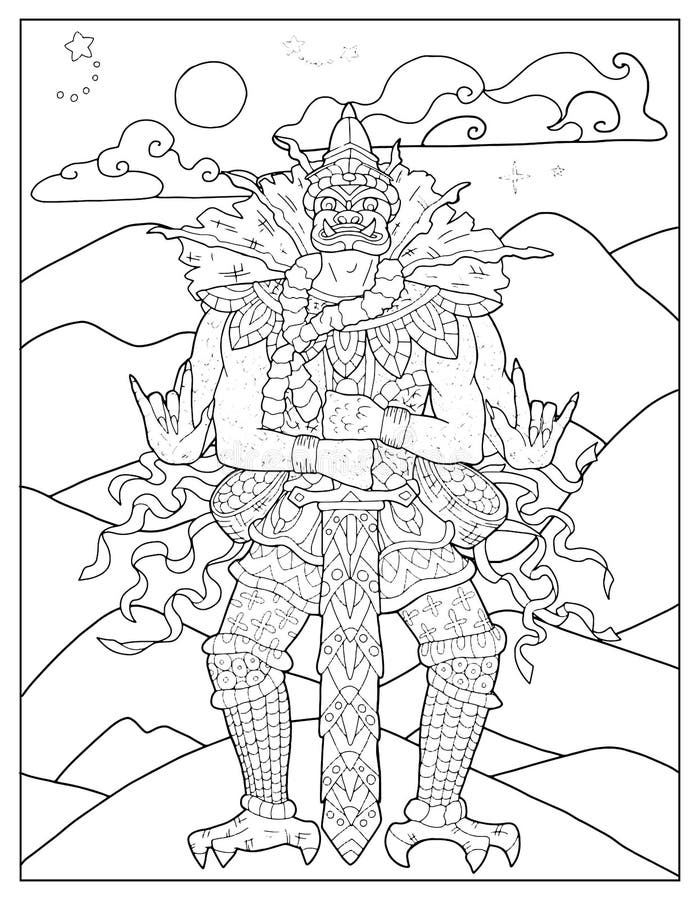 Black and white coloring page with ethnic thailand demons and mythology creature stock vector