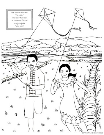 Thai children flying kites coloring page