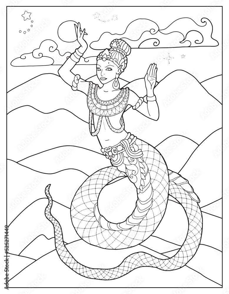 Coloring page illustration with thailand demons and mythology creatures against nature background vector