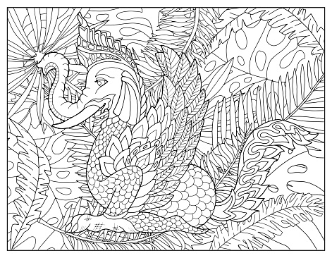 Coloring page illustration with thailand demons and mythology creatures against nature background stock illustration