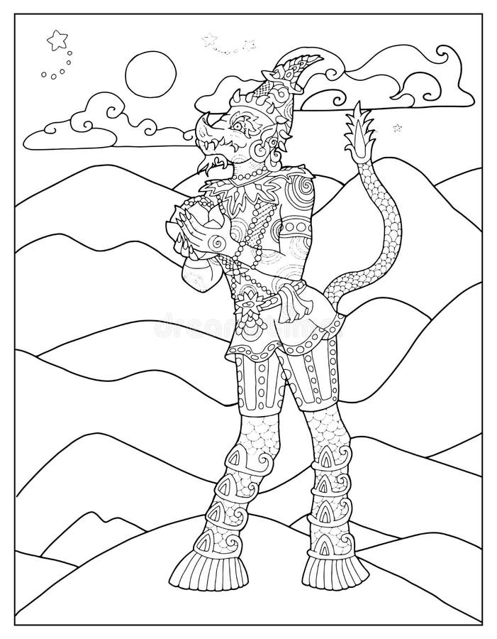 Black and white coloring page with ethnic thailand demons and mythology creature stock vector