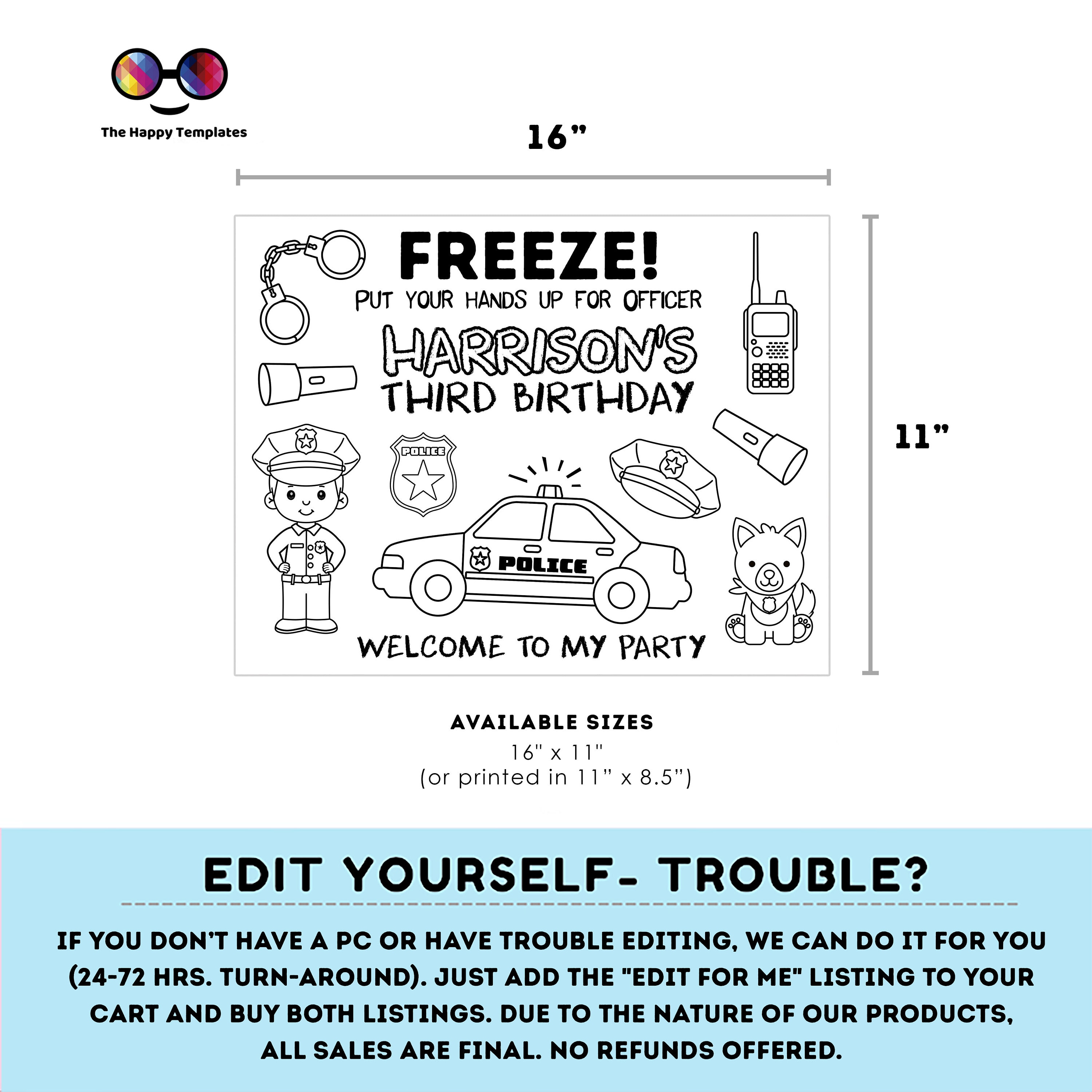 Editable police coloring page police party police boy placemat editable instant download edit online corjl instant access k