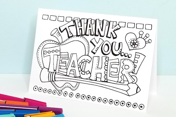 Teacher thank you card blank coloring card gift music assistant aide coach substitute daycare preschool hand drawn colouring page