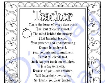 Teacher appreciation poem coloring page instant download