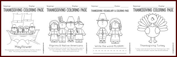 Thanksgiving vocabulary and coloring page printables