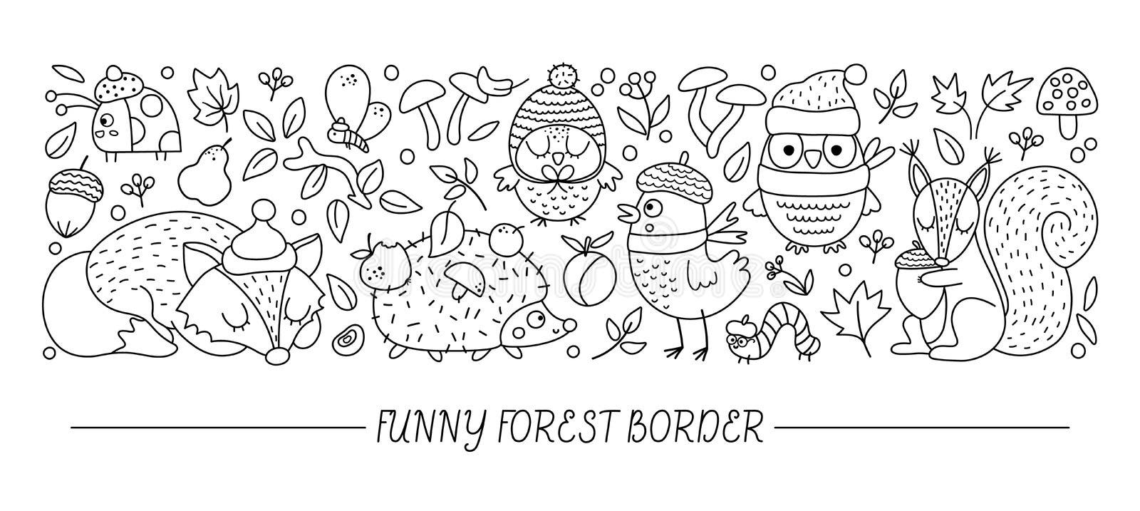 Vector black and white horizontal border set with cute animals and autumn forest elements thanksgiving line card template design stock vector