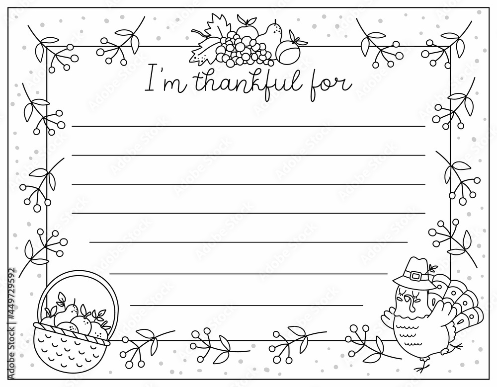 Vector black and white thanksgiving card im thankful for horizontal line letter template with cute turkey basket with apples fruit harvest autumn outline holiday frame design for kids vector