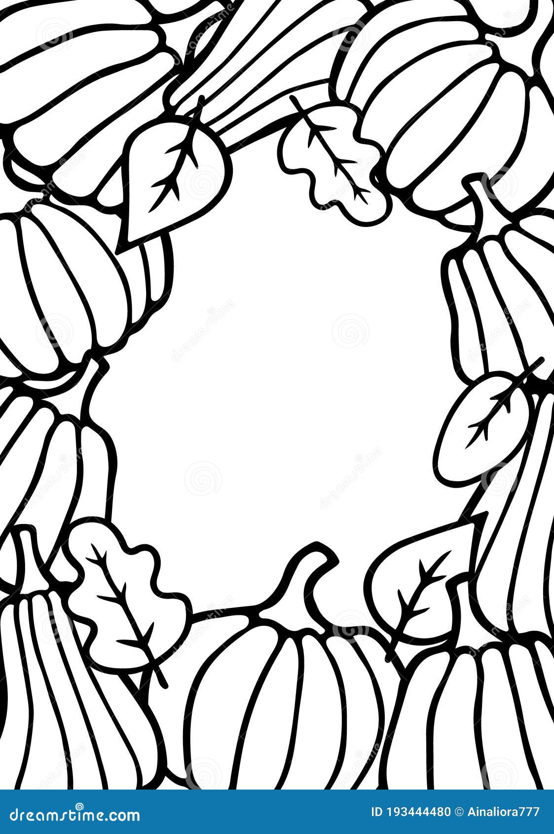 Vertical halloween thanksgiving frame hand drawn black doodle pumpkins and leaves for coloring page flyer poster stock illustration