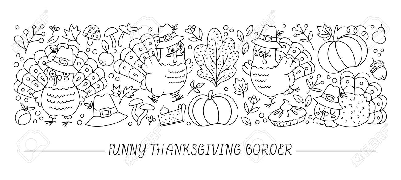 Vector black and white horizontal border set with cute turkeys pumpkins harvest and autumn forest elements outline thanksgiving card template design funny line fall holiday border royalty free svg cliparts vectors and