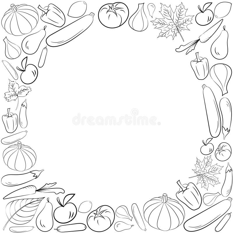 Autumn graphic card with fruits and vegetables in black and white colors vector thanksgiving day design coloring book page stock illustration
