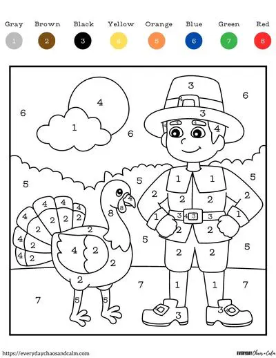 Free thanksgiving color by number pages for kids
