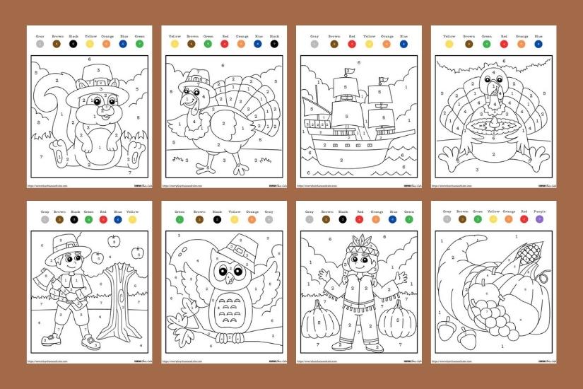 Free thanksgiving color by number pages for kids