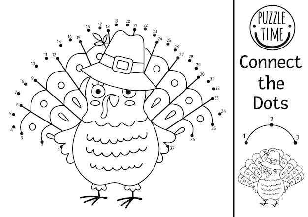 Premium vector vector dottodot and color activity with cute turkey thanksgiving connect the dots game for children with funny bird woodland coloring page for kids autumn holiday printable worksheetxa