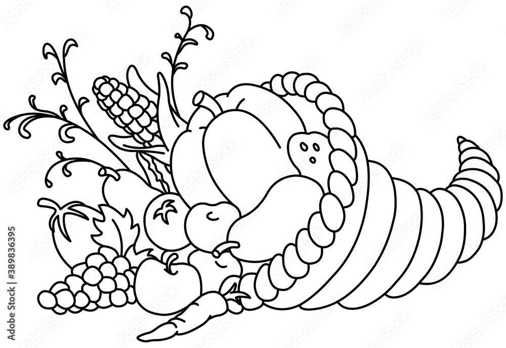 Outlined horn of plenty thanksgiving cornucopia with autumn fruits and vegetables vector lineart illustration coloring page vector